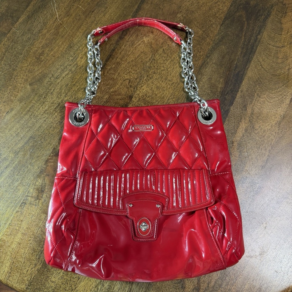 Coach Poppy Liquid Glass Gloss Quilted Shoulder Bag Red Patent Leather 18673